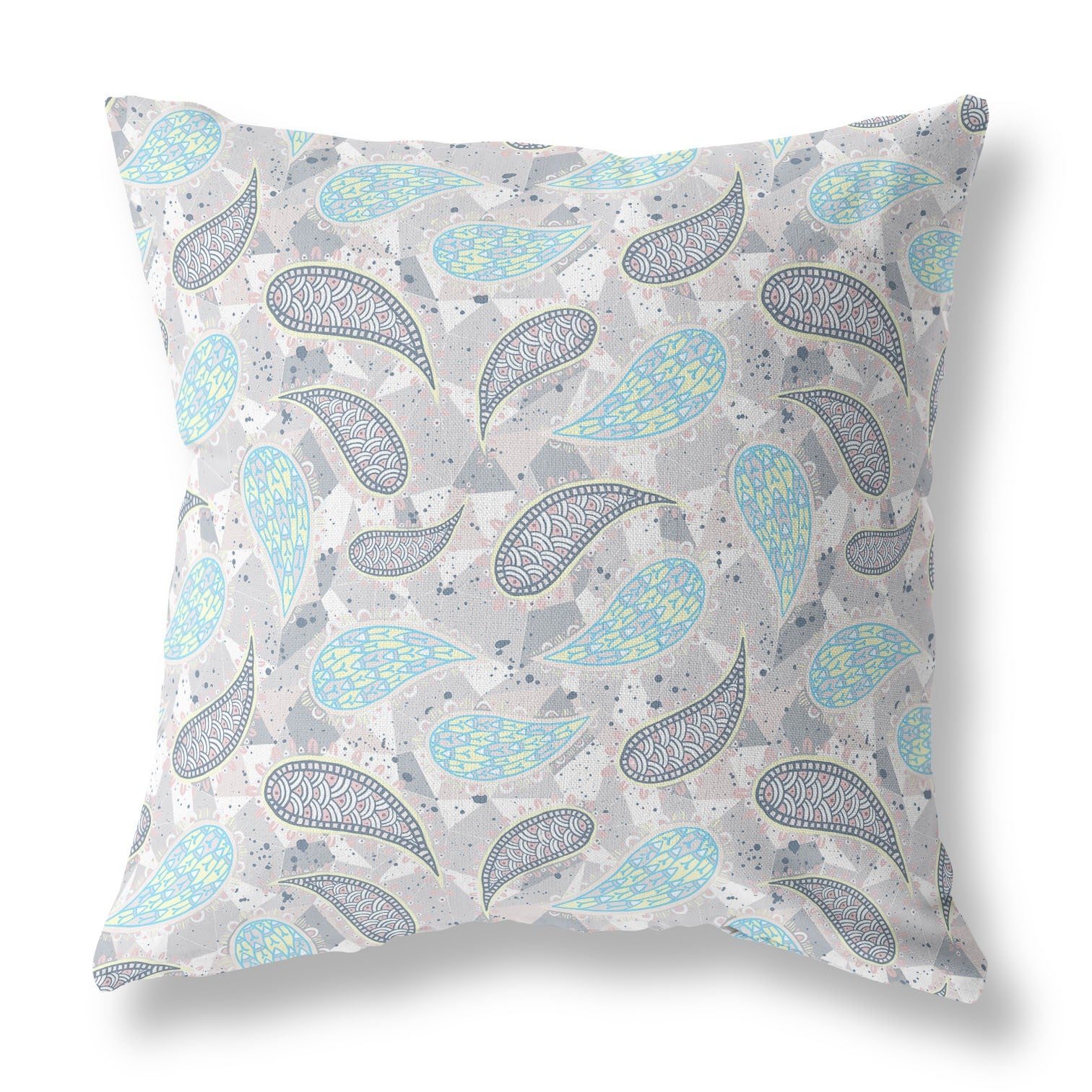 16” Gray Turquoise Boho Paisley Indoor Outdoor Throw Pillow