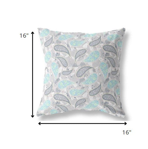 16” Gray Turquoise Boho Paisley Indoor Outdoor Throw Pillow