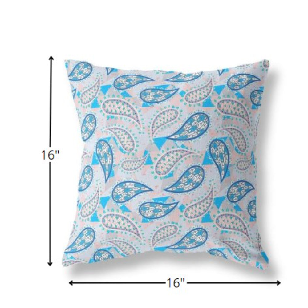 16” Blue Peach Boho Paisley Indoor Outdoor Throw Pillow