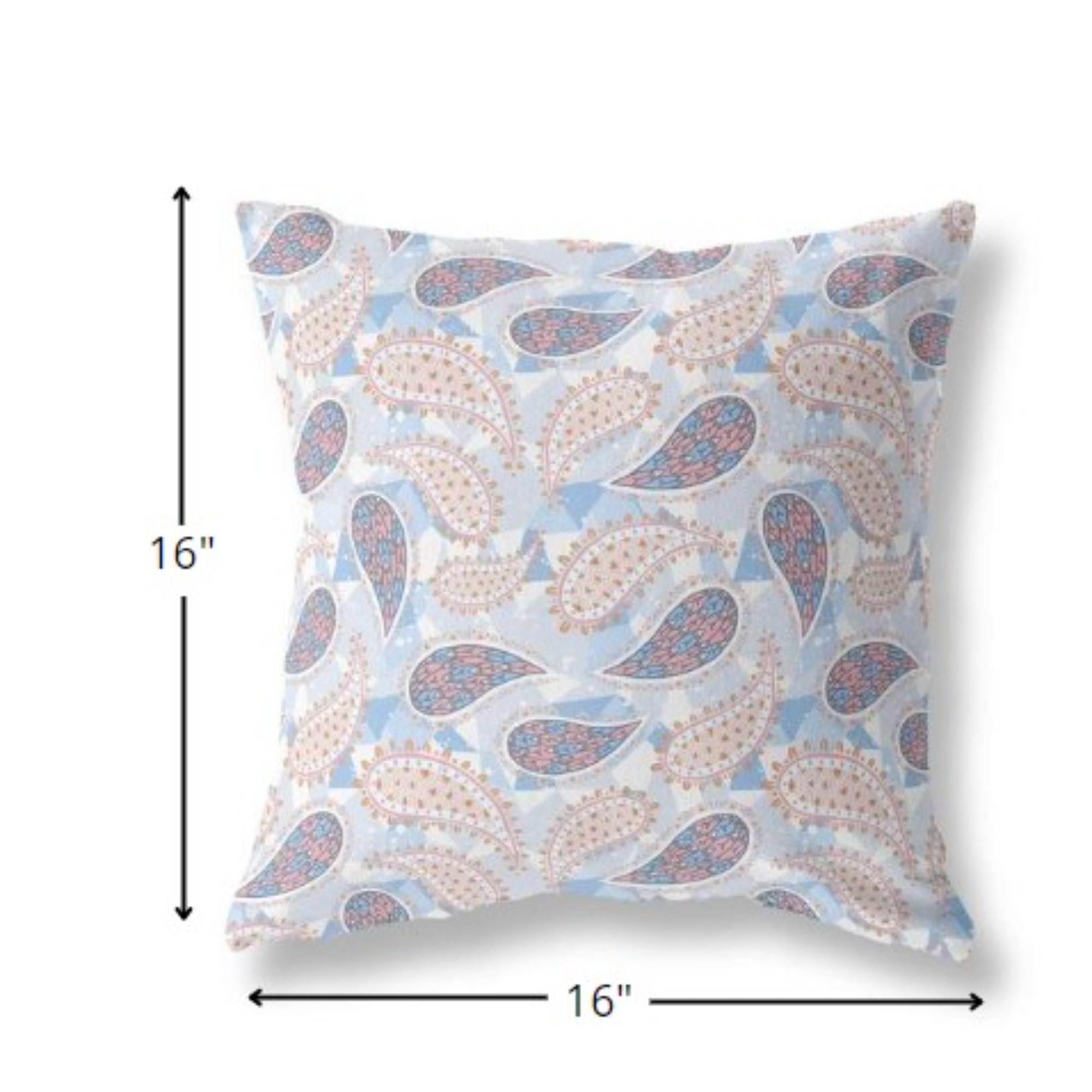 16” Blue Pink Boho Paisley Indoor Outdoor Throw Pillow