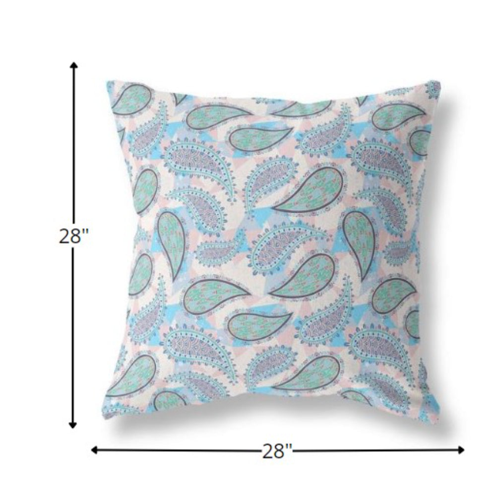 18” Blue Green Boho Paisley Indoor Outdoor Throw Pillow