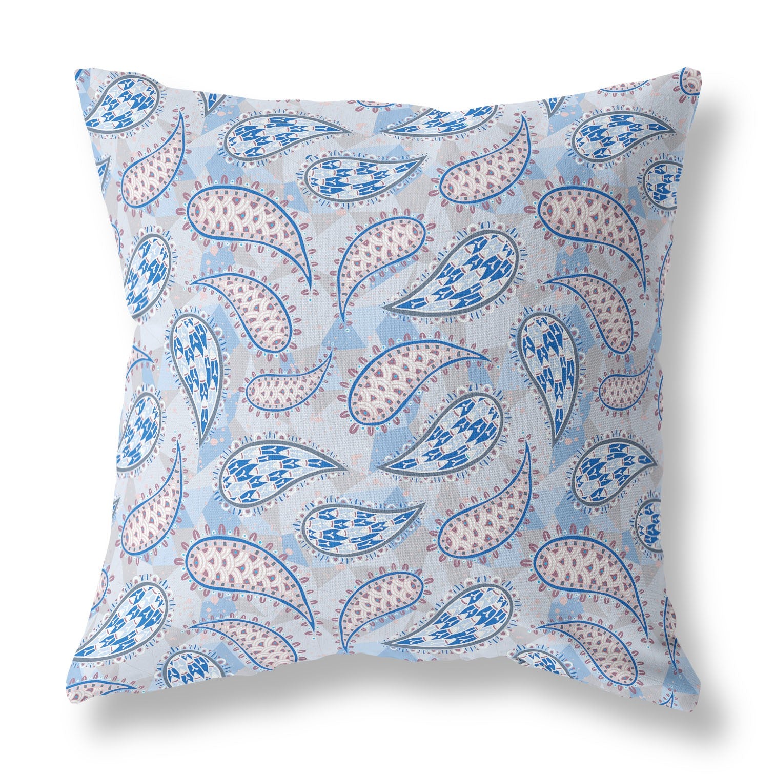 16” Blue Gray Boho Paisley Indoor Outdoor Throw Pillow