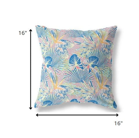 16” Blue Pink Tropical Indoor Outdoor Throw Pillow