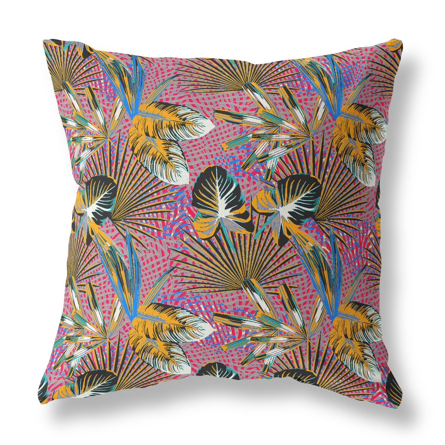 16” Magenta Gold Tropical Indoor Outdoor Throw Pillow