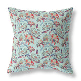 26” Red Aqua Roses Indoor Outdoor Throw Pillow