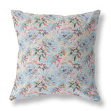 16” Light Blue Red Roses Indoor Outdoor Throw Pillow