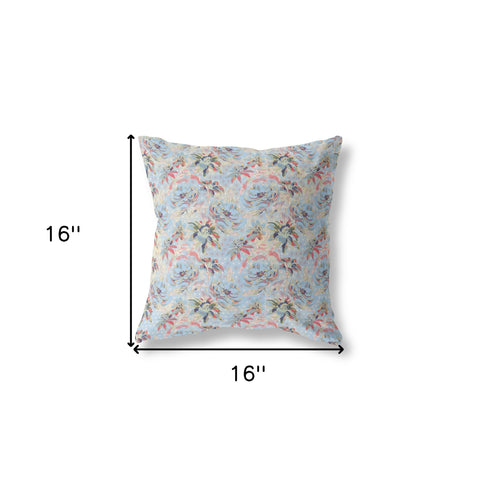 16” Light Blue Red Roses Indoor Outdoor Throw Pillow