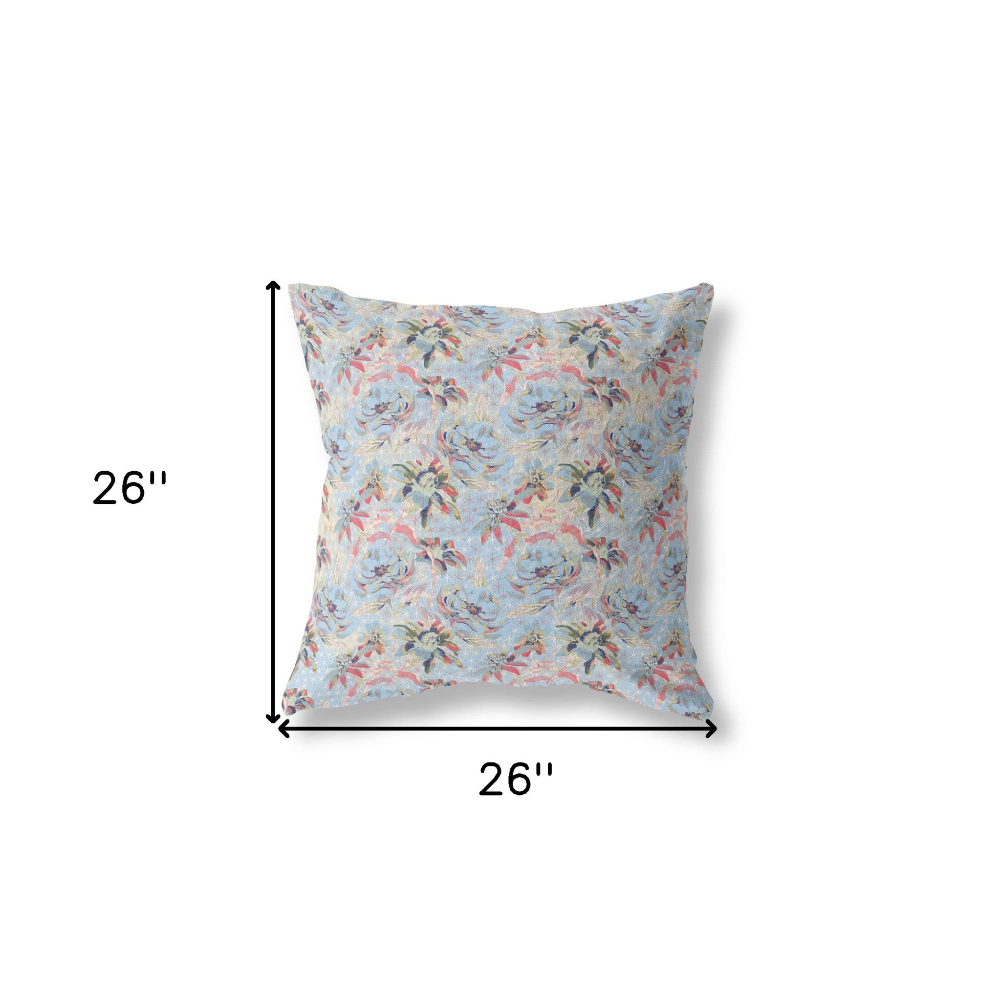 26” Light Blue Red Roses Indoor Outdoor Throw Pillow