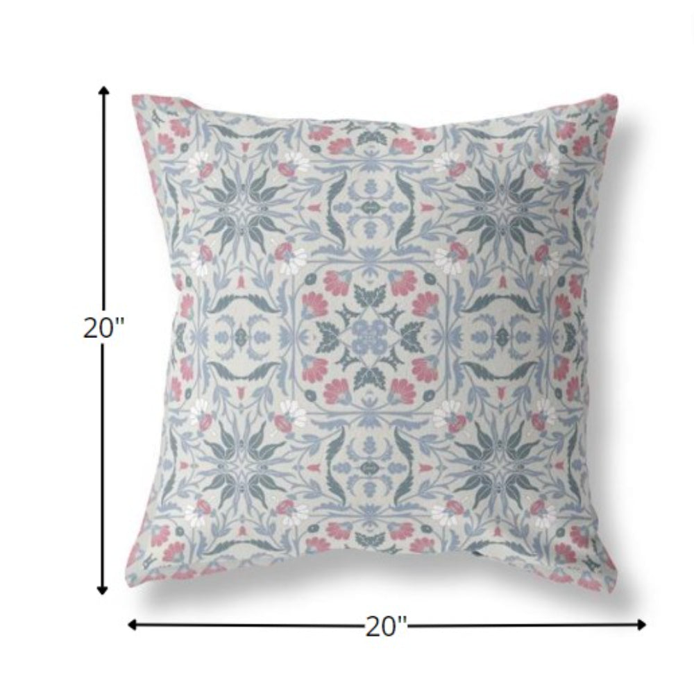 20” Pink Gray Paisley Indoor Outdoor Throw Pillow