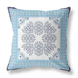 16" X 16" White And Indigo Blown Seam Floral Indoor Outdoor Throw Pillow