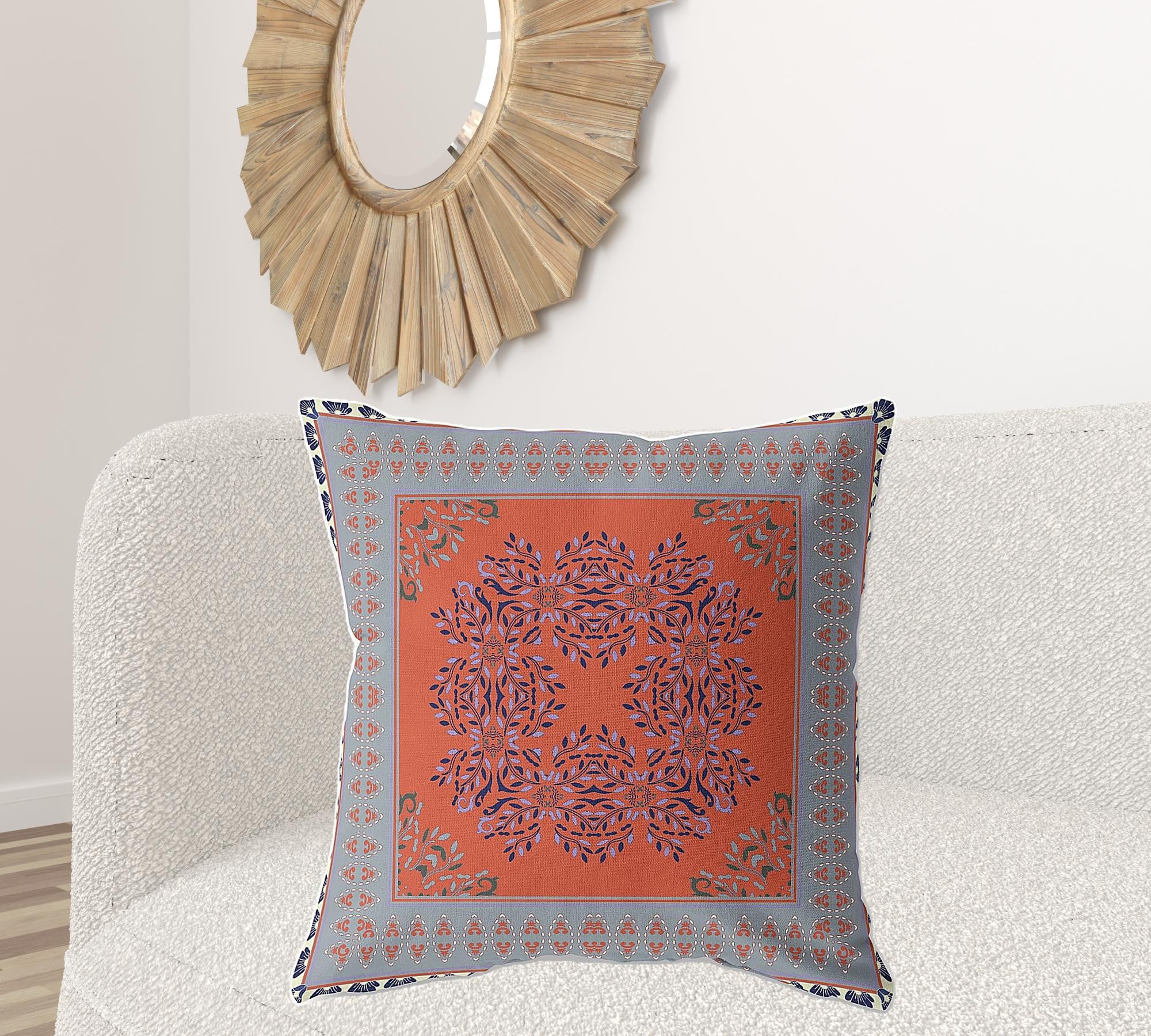 18" X 18" Orange And Gray Blown Seam Floral Indoor Outdoor Throw Pillow