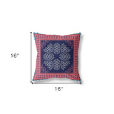 16" X 16" Indigo And Pink Blown Seam Floral Indoor Outdoor Throw Pillow