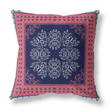 18" X 18" Indigo And Pink Blown Seam Floral Indoor Outdoor Throw Pillow