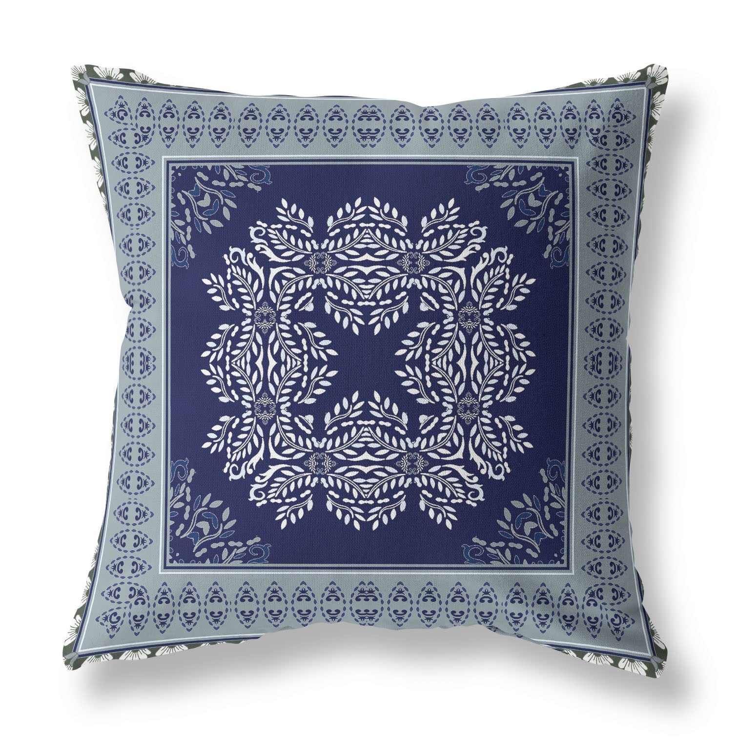 16" X 16" Indigo And Green Blown Seam Damask Indoor Outdoor Throw Pillow