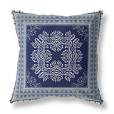 16" X 16" Indigo And Green Blown Seam Damask Indoor Outdoor Throw Pillow