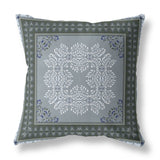 16" X 16" Grey And Green Blown Seam Damask Indoor Outdoor Throw Pillow