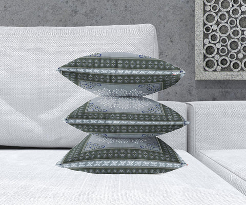 18" X 18" Grey And Green Blown Seam Damask Indoor Outdoor Throw Pillow