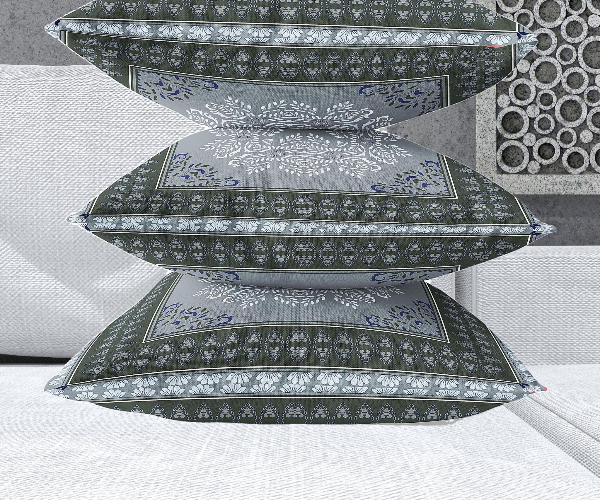 18" X 18" Grey And Green Blown Seam Damask Indoor Outdoor Throw Pillow