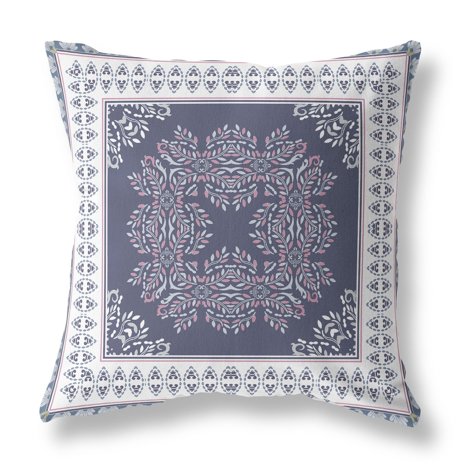 18" X 18" Dark Blue And White Blown Seam Damask Indoor Outdoor Throw Pillow