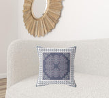 18" X 18" Dark Blue And White Blown Seam Damask Indoor Outdoor Throw Pillow