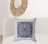 18" X 18" Dark Blue And White Blown Seam Damask Indoor Outdoor Throw Pillow