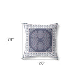 18" X 18" Dark Blue And White Blown Seam Damask Indoor Outdoor Throw Pillow