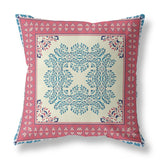 16" X 16" Cream And Blue Blown Seam Damask Indoor Outdoor Throw Pillow