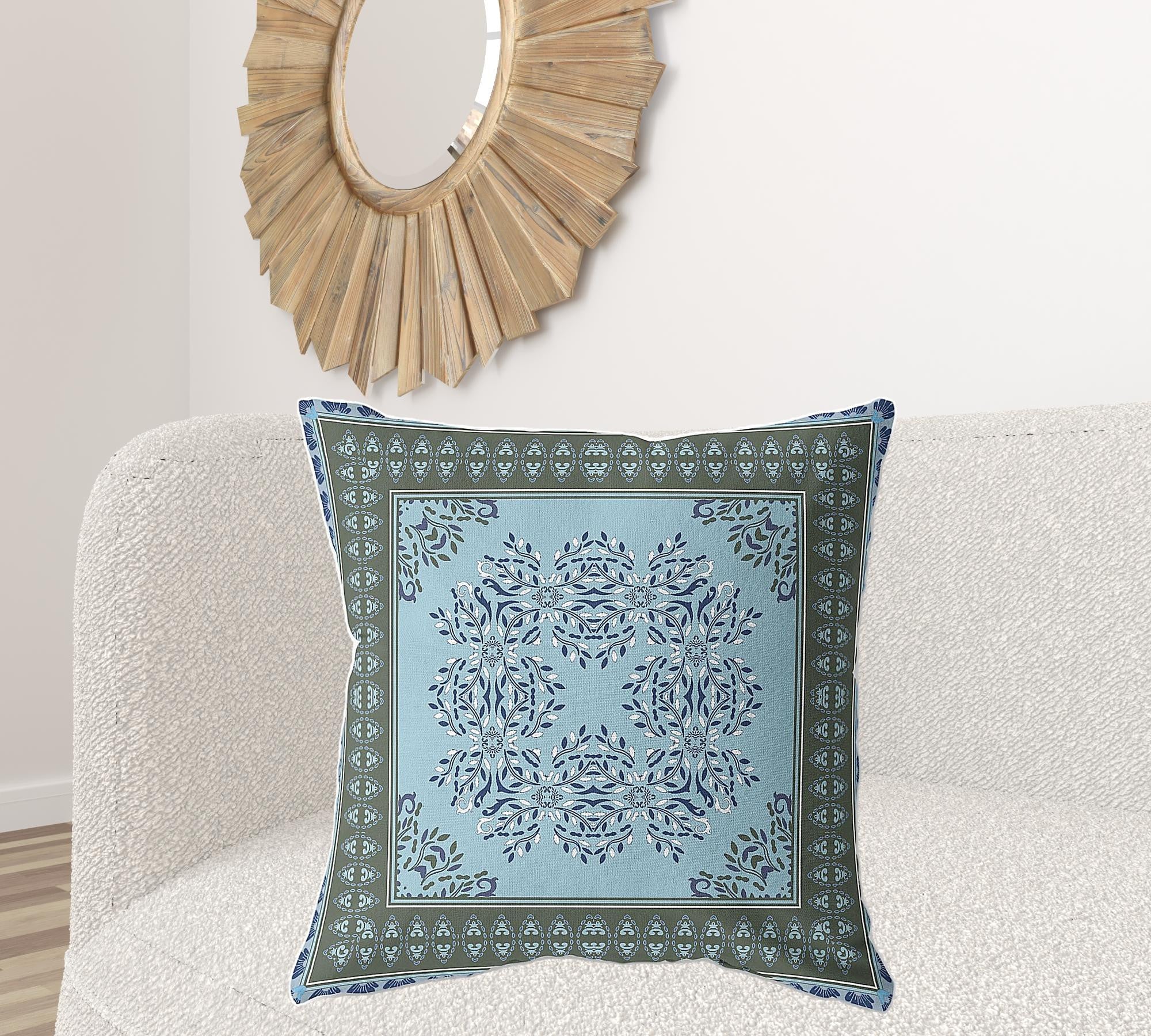 18" X 18" Blue And Green Blown Seam Floral Indoor Outdoor Throw Pillow