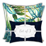 Set Of Three 18" X 18" White And Blue Blown Seam Tropical Throw Indoor Outdoor Pillow