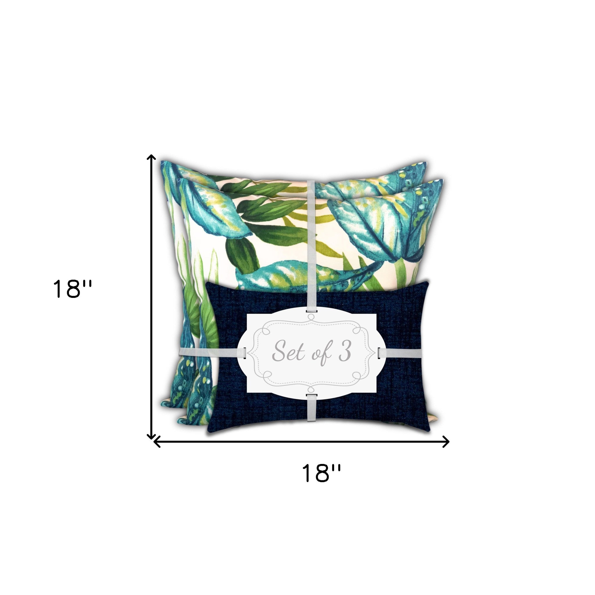 Set Of Three 18" X 18" White And Blue Blown Seam Tropical Throw Indoor Outdoor Pillow