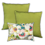 Set Of Three 18" X 18" Green And White Blown Seam Floral Throw Indoor Outdoor Pillow