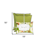 Set Of Three 18" X 18" Green And White Blown Seam Floral Throw Indoor Outdoor Pillow