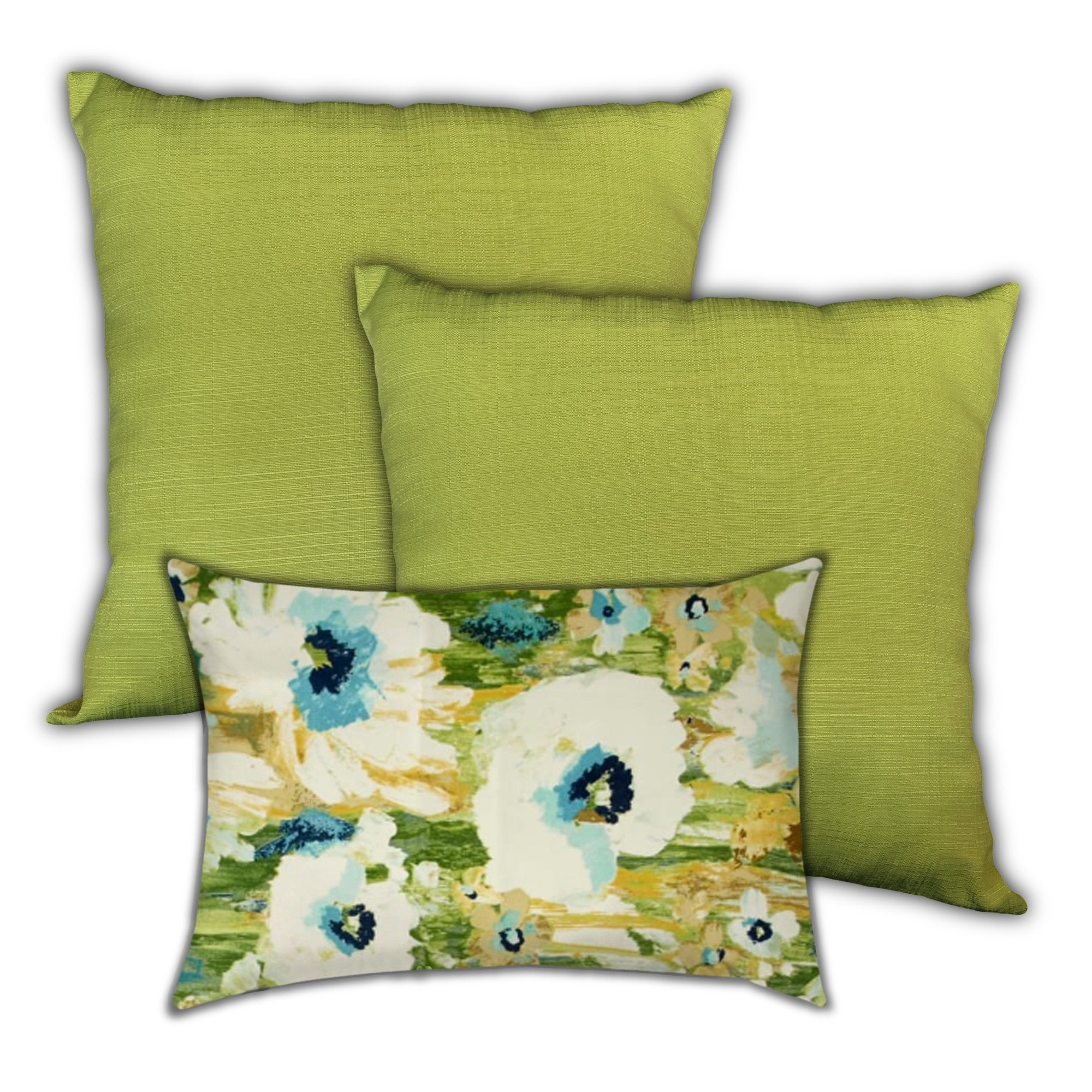 Set Of Three 18" X 18" Green And Blue Blown Seam Floral Throw Indoor Outdoor Pillow