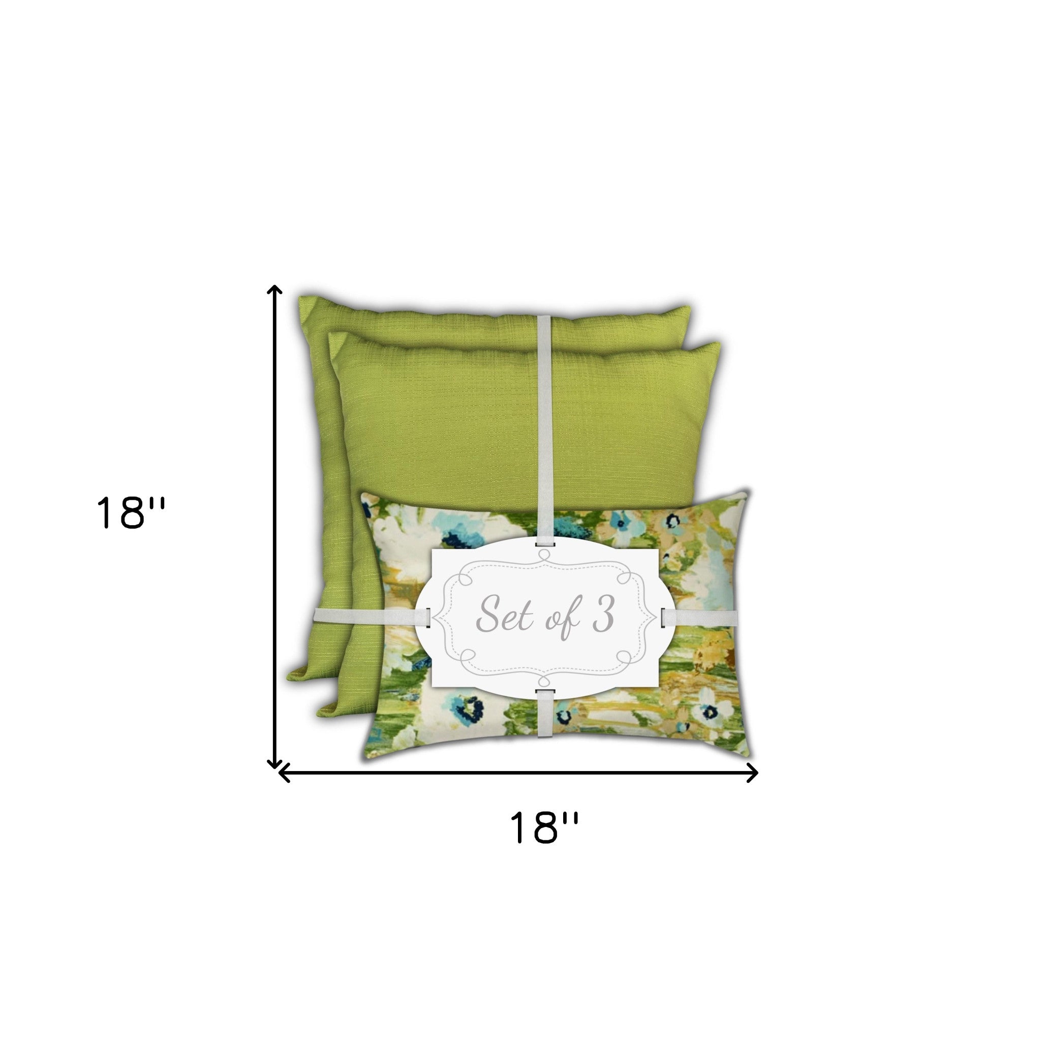 Set Of Three 18" X 18" Green And Blue Blown Seam Floral Throw Indoor Outdoor Pillow