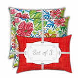 Set Of Three 18" X 18" Red And White Zippered Floral Throw Indoor Outdoor Pillow