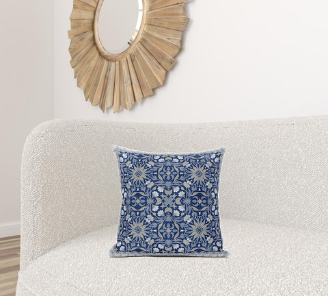 18" X 18" Dark Blue And Gray Blown Seam Paisley Indoor Outdoor Throw Pillow