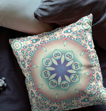 16" X 16" Beige And Blue Zippered Geometric Indoor Outdoor Throw Pillow