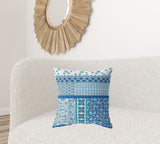 20" X 20" Blue And White Zippered Patchwork Indoor Outdoor Throw Pillow Cover & Insert