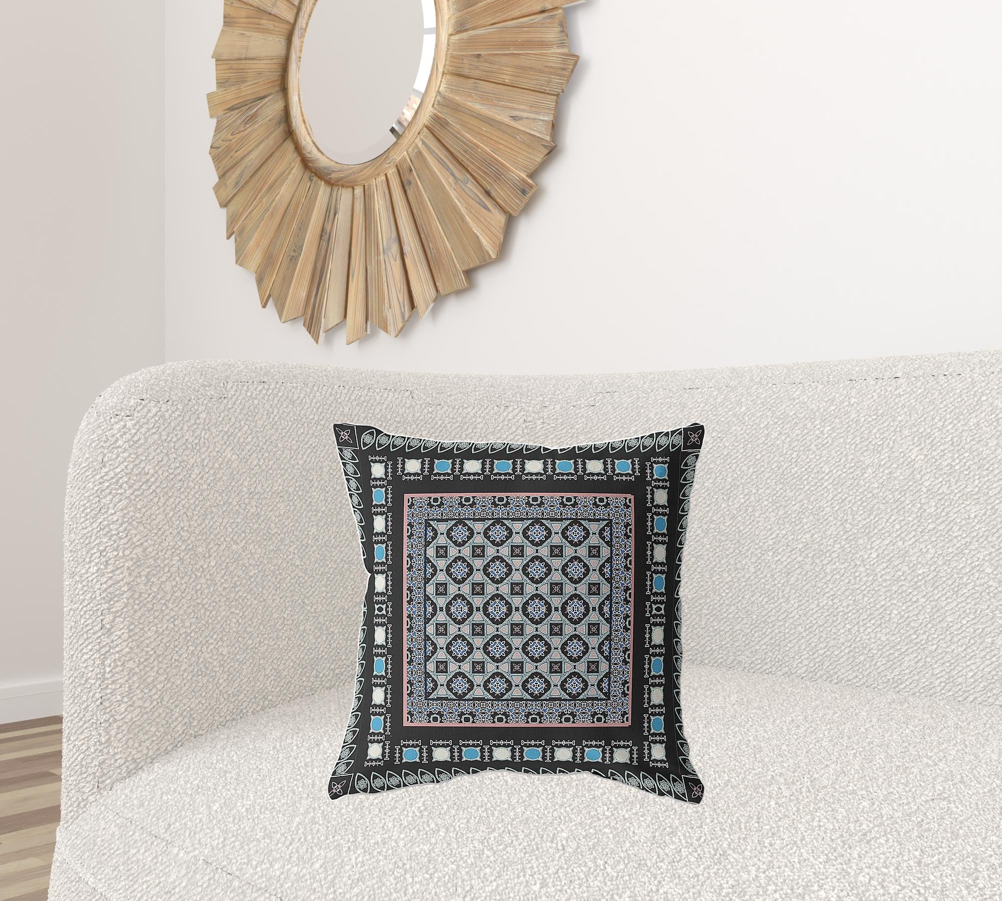 18" X 18" Black And Blue Zippered Floral Indoor Outdoor Throw Pillow