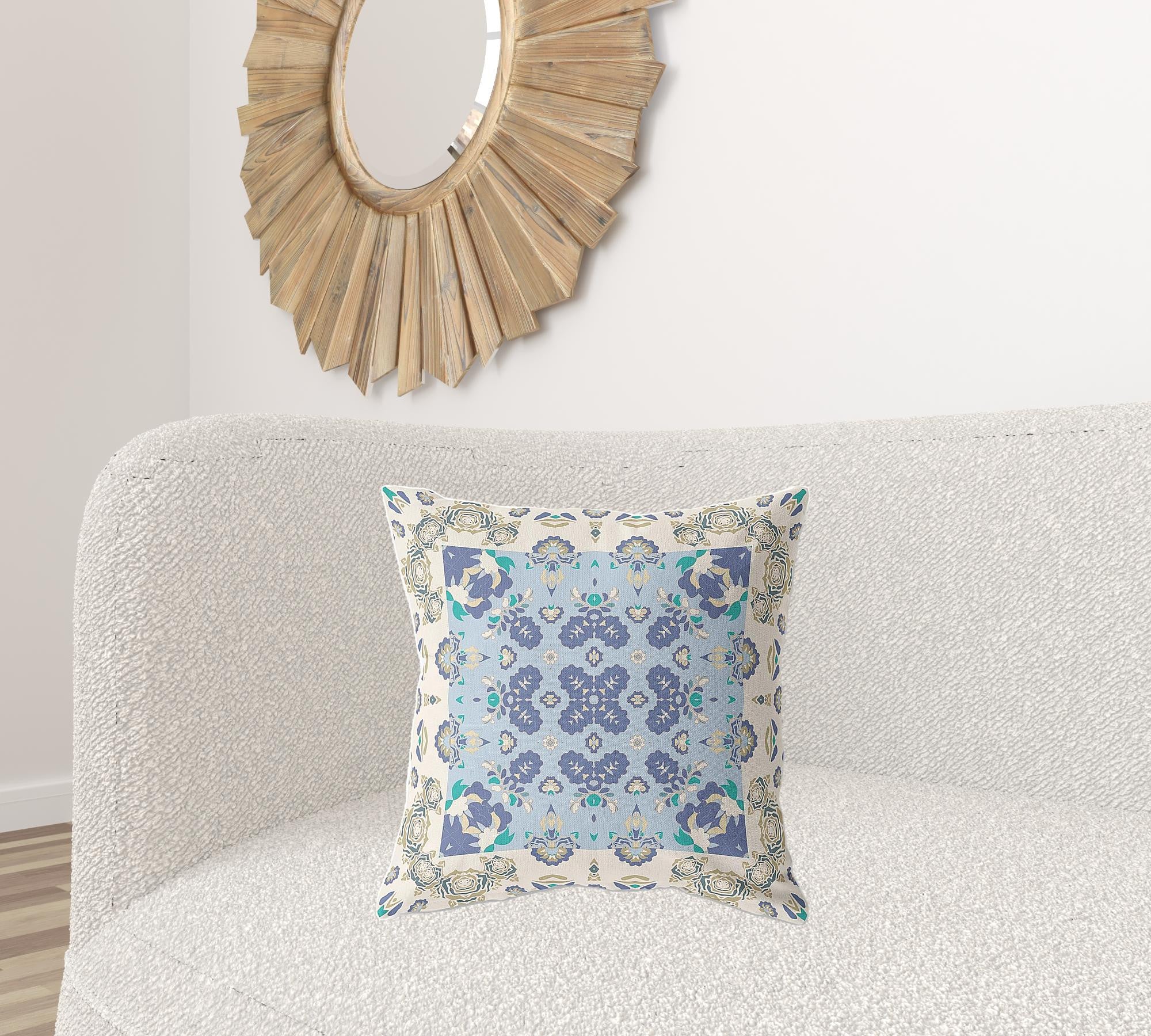 18" X 18" Off White And Blue Zippered Geometric Indoor Outdoor Throw Pillow