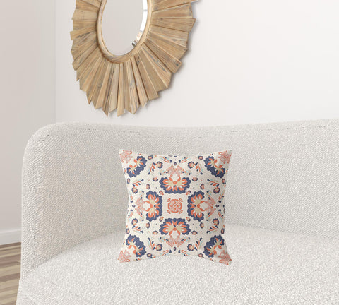 18" X 18" Off White And Blue Zippered Geometric Indoor Outdoor Throw Pillow