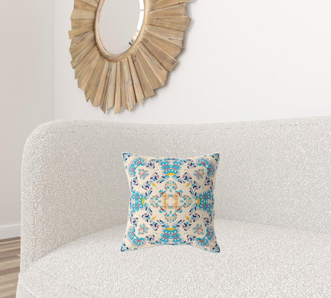 16" X 16" Off White And Blue Zippered Geometric Indoor Outdoor Throw Pillow