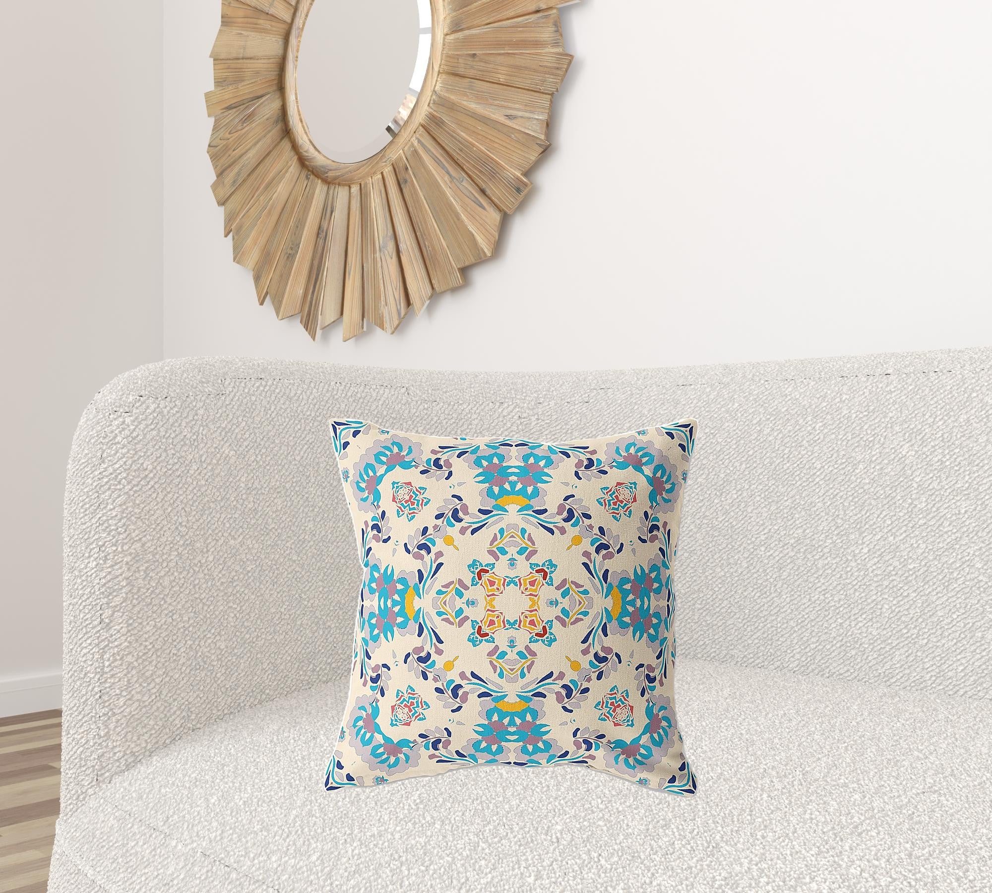 20"x20" Off White And Blue Zippered Suede Geometric Throw Pillow