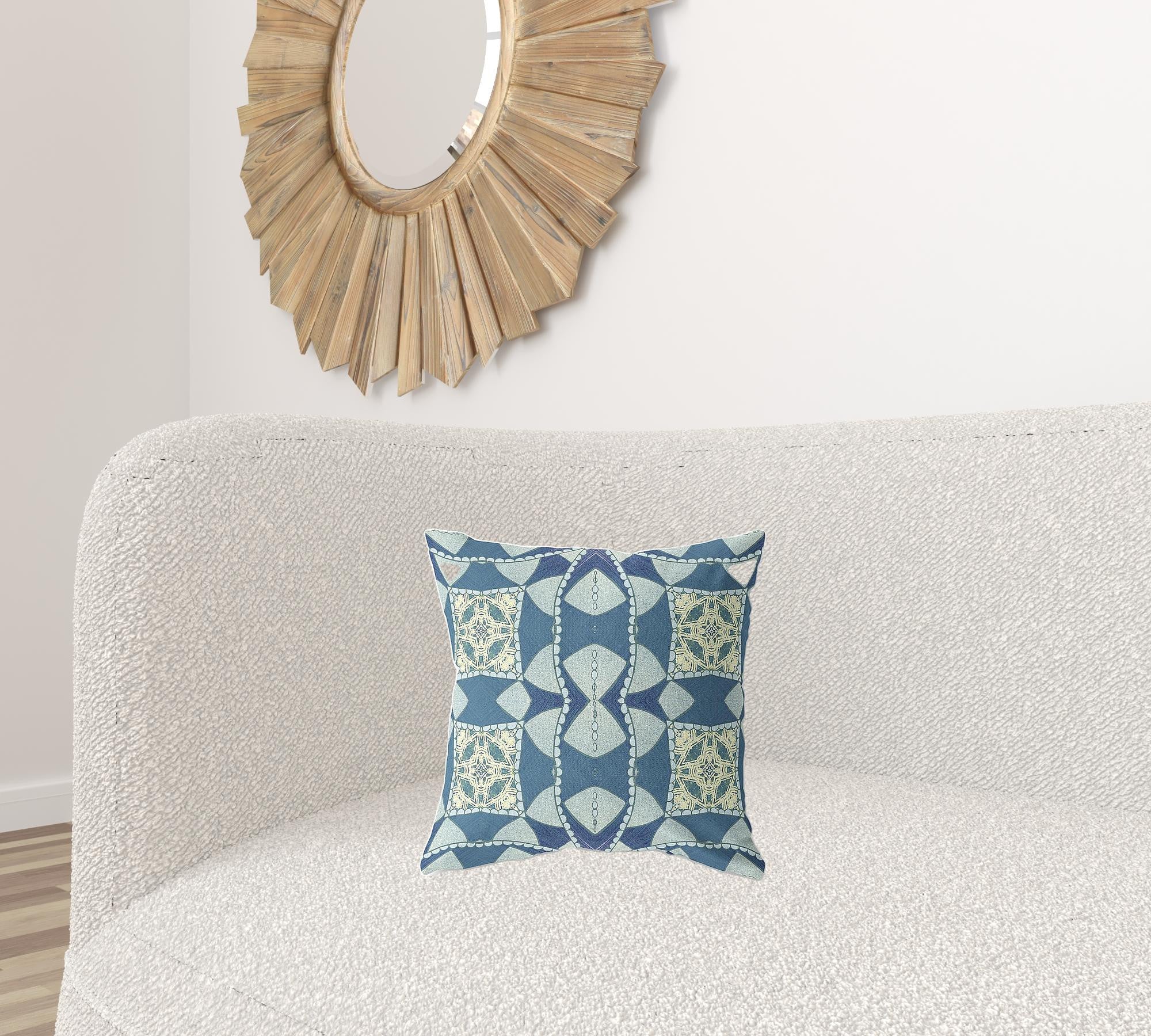 16" X 16" Blue And Cream Zippered Geometric Indoor Outdoor Throw Pillow