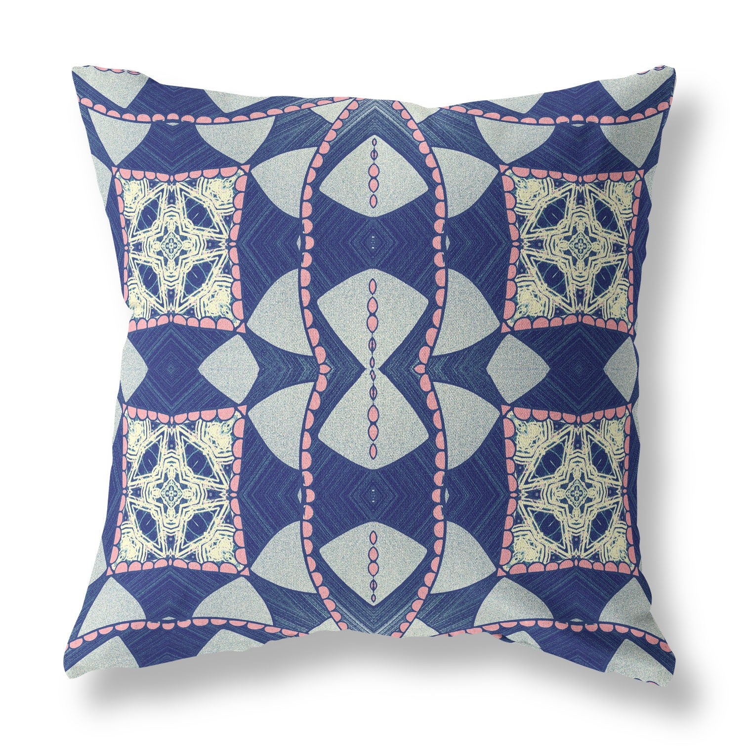 16" X 16" Indigo And Pink Zippered Geometric Indoor Outdoor Throw Pillow