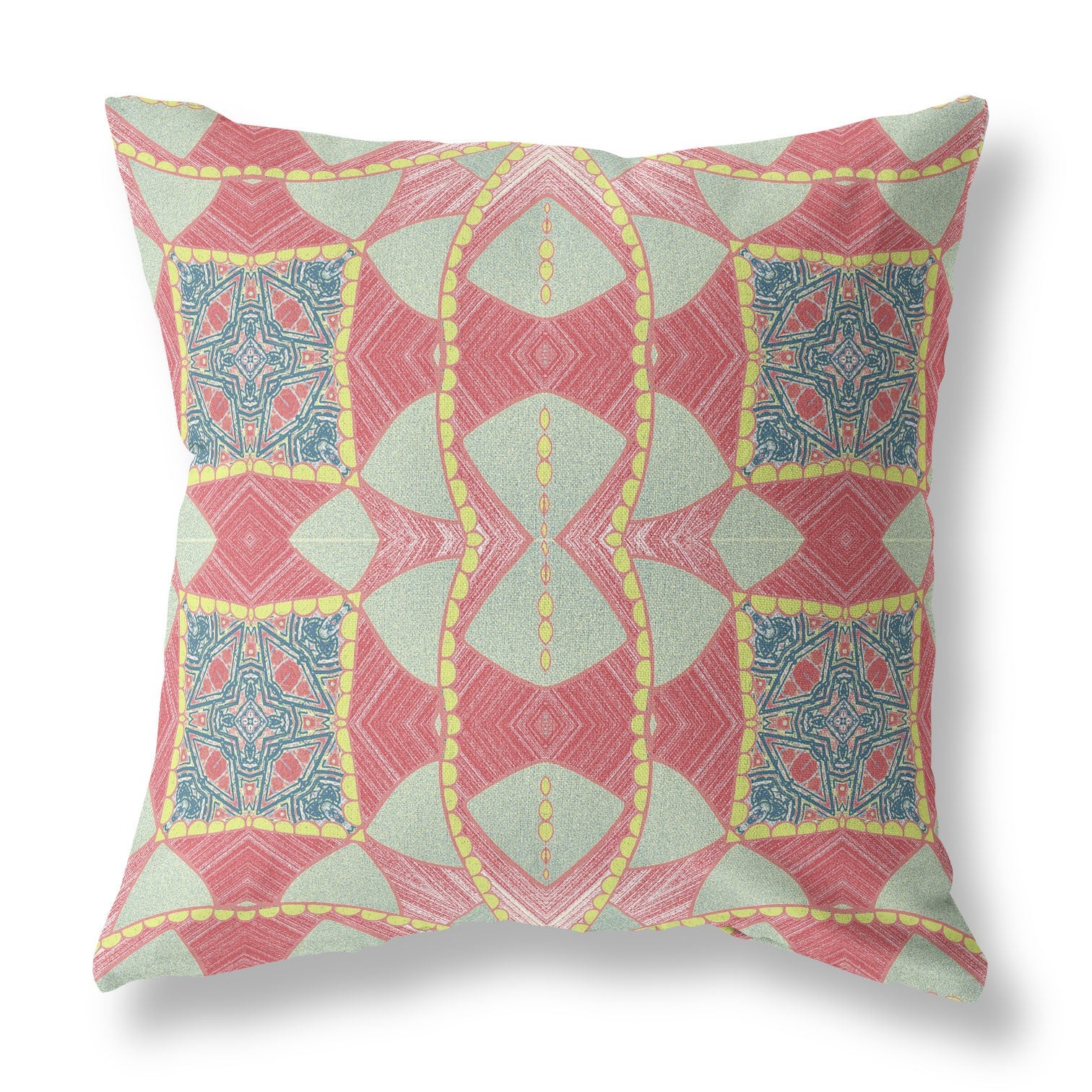 16"x16" Coral Aqua And Green Zippered Broadcloth Geometric Throw Pillow