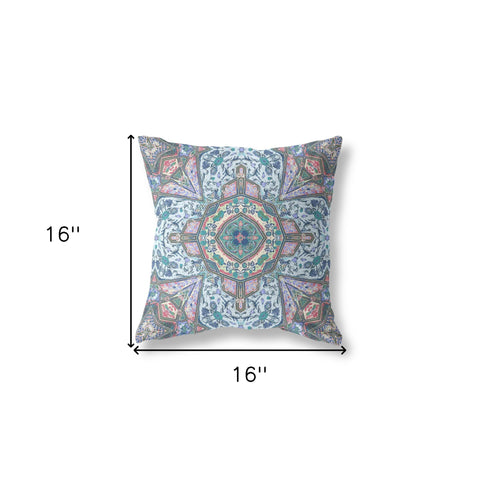 16" X 16" Blue And Pink Zippered Geometric Indoor Outdoor Throw Pillow Cover & Insert