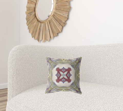 16"x16" Muted Green Cream Magenta Zippered Suede Geometric Throw Pillow