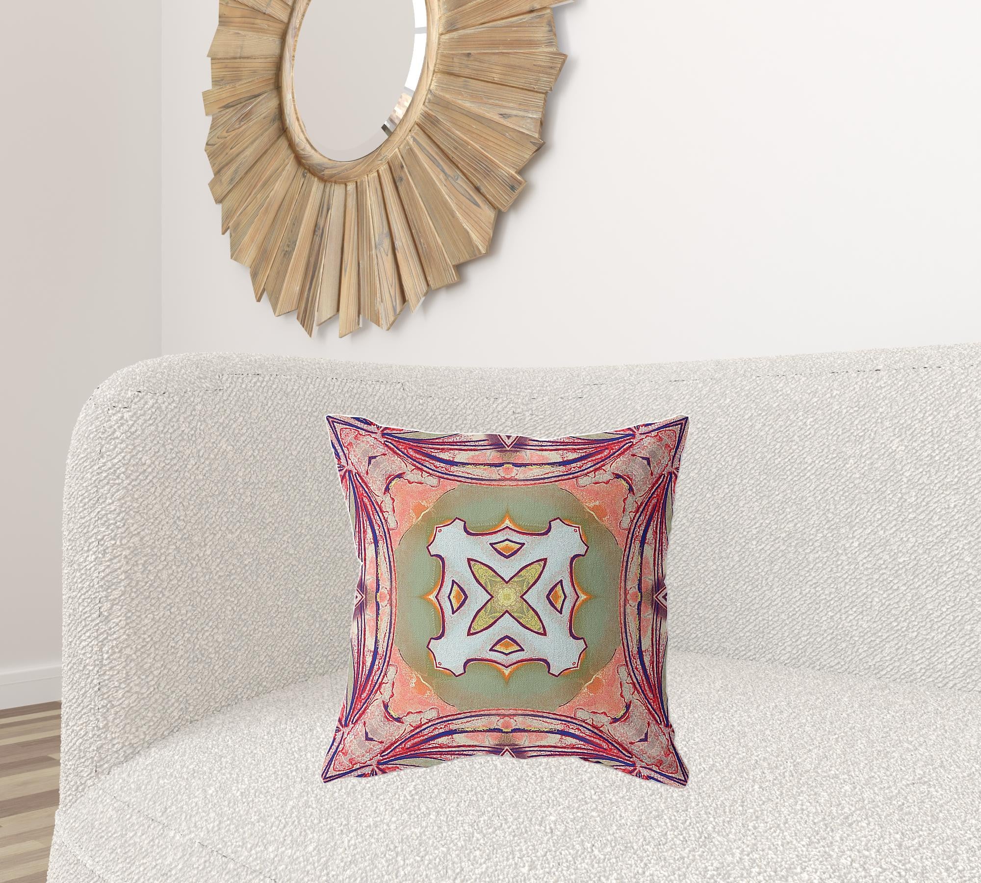 20"x20" Peach Magenta Green Zippered Suede Geometric Throw Pillow