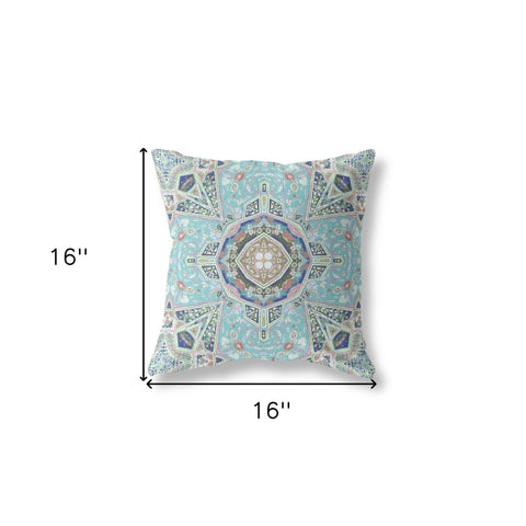 16" X 16" Aqua Blown Seam Geometric Indoor Outdoor Throw Pillow Cover & Insert